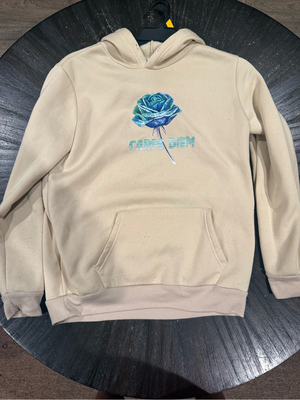 Beige Hoodie with Blue Rose Graphic